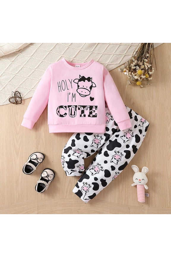 girls 2 Piece Matching Clothing Set Long Sleeve Prints Tops Pants with Cartoon Cow design kids cute comfortable outfits sets Pink 18-24 Months