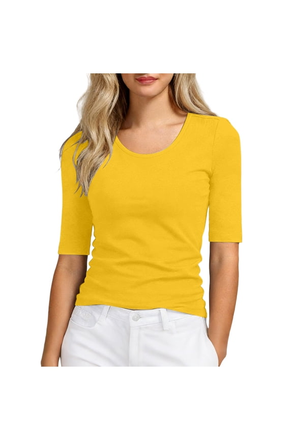 women 3/4 sleeve T-shirt solid color Modest crewneck shirt tops Breathable Relaxed Fit Basic Tees Yellow XXL