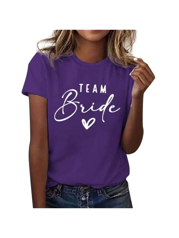 women short sleeve T-shirt bride print Modest crewneck shirt tops Breathable Loose wedding Basic Tees Purple XXXL