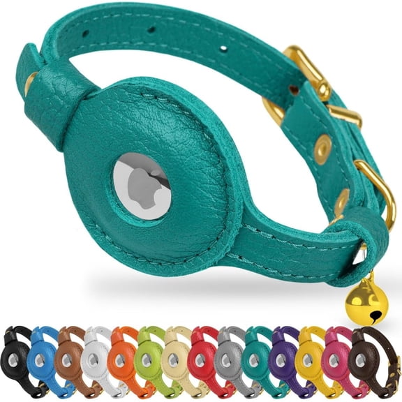 OOPSDOGGY Leather AirTag Cat Collar – Non-Breakaway Kitten Collar for Cats & Small Dogs with AirTag Holder, Safety Bell - Lightweight GPS Pet Collars, Aquamarine