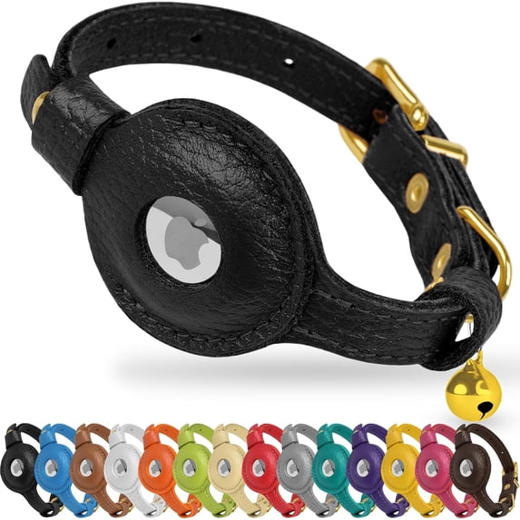 OOPSDOGGY Leather AirTag Cat Collar – Non-Breakaway Kitten Collar for Cats & Small Dogs with AirTag Holder, Safety Bell - Lightweight GPS Pet Collars, Black