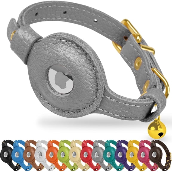 OOPSDOGGY Leather AirTag Cat Collar – Non-Breakaway Kitten Collar for Cats & Small Dogs with AirTag Holder, Safety Bell - Lightweight GPS Pet Collars, Gray