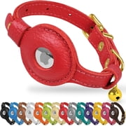 OOPSDOGGY Leather AirTag Cat Collar – Non-Breakaway Kitten Collar for Cats & Small Dogs with AirTag Holder, Safety Bell - Lightweight GPS Pet Collars, Red
