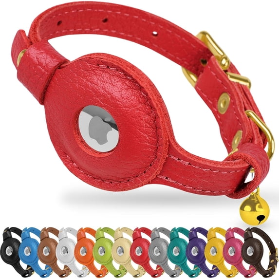 OOPSDOGGY Leather AirTag Cat Collar – Non-Breakaway Kitten Collar for Cats & Small Dogs with AirTag Holder, Safety Bell - Lightweight GPS Pet Collars, Red