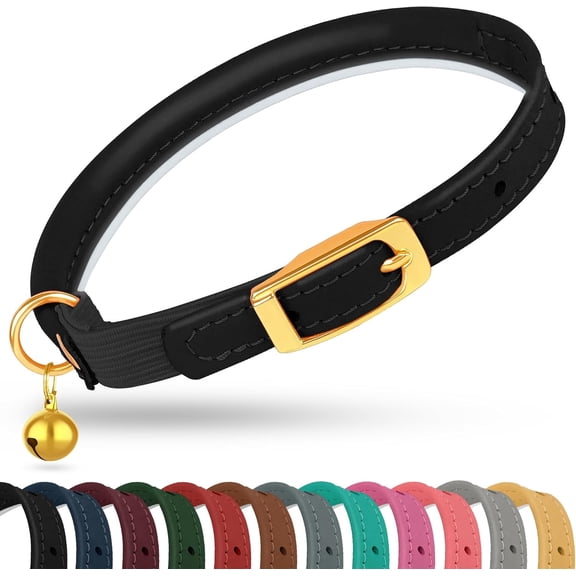 OOPSDOGGY Rolled Leather Cat Collar with Bell - Reflective Kitten Collar with Safety Elastic Strap - Adjustable Small Pet Collars for Cats, Black