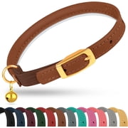 OOPSDOGGY Rolled Leather Cat Collar with Bell - Reflective Kitten Collar with Safety Elastic Strap - Adjustable Small Pet Collars for Cats, Brown