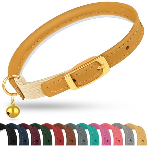 OOPSDOGGY Rolled Leather Cat Collar with Bell - Reflective Kitten Collar with Safety Elastic Strap - Adjustable Small Pet Collars for Cats, Camel