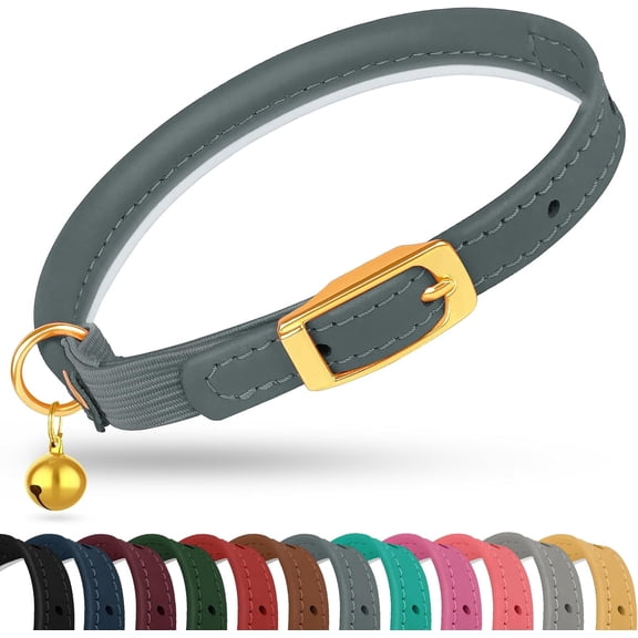 OOPSDOGGY Rolled Leather Cat Collar with Bell - Reflective Kitten Collar with Safety Elastic Strap - Adjustable Small Pet Collars for Cats, Denim