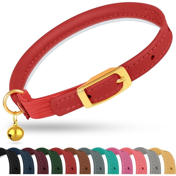 OOPSDOGGY Rolled Leather Cat Collar with Bell - Reflective Kitten Collar with Safety Elastic Strap - Adjustable Small Pet Collars for Cats, Red