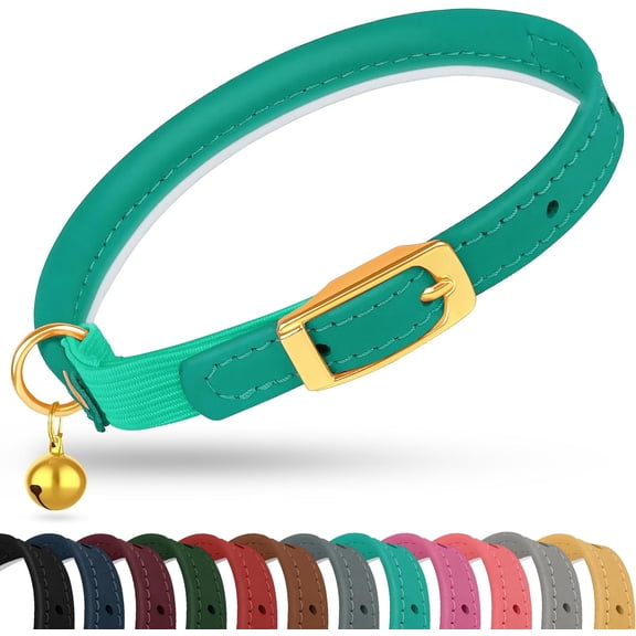 OOPSDOGGY Rolled Leather Cat Collar with Bell - Reflective Kitten Collar with Safety Elastic Strap - Adjustable Small Pet Collars for Cats, Teal