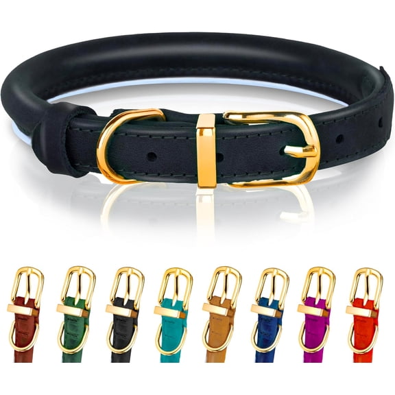 OOPSDOGGY Rolled Leather Dog Collar Reflective Soft Padded Pet Collar for Small Medium Large Breed Dogs Adjustable, Black