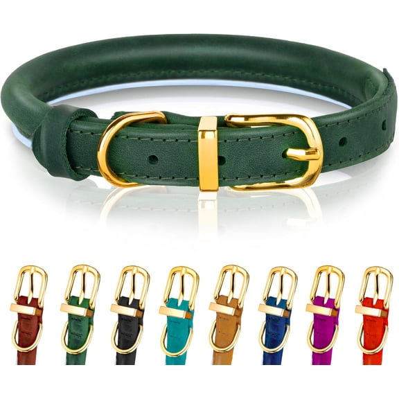 OOPSDOGGY Rolled Leather Dog Collar Reflective Soft Padded Pet Collar for Small Medium Large Breed Dogs Adjustable, Green