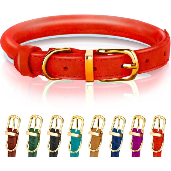 OOPSDOGGY Rolled Leather Dog Collar Reflective Soft Padded Pet Collar for Small Medium Large Breed Dogs Adjustable, Red