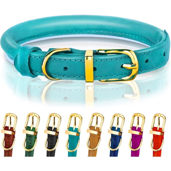 OOPSDOGGY Rolled Leather Dog Collar Reflective Soft Padded Pet Collar for Small Medium Large Breed Dogs Adjustable, Teal