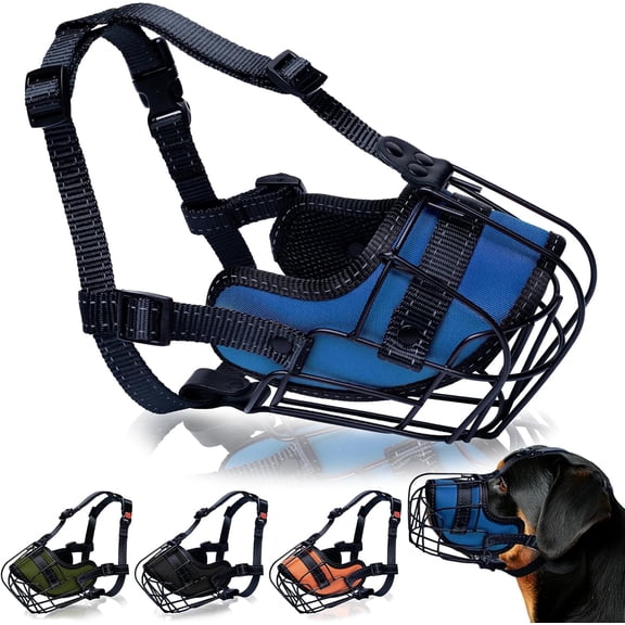OOPSDOGGY Rottweiler Dog Muzzle Metal Wire Basket for Large Dogs Prevents Biting No Chewing Adjustable Breathable, Blue