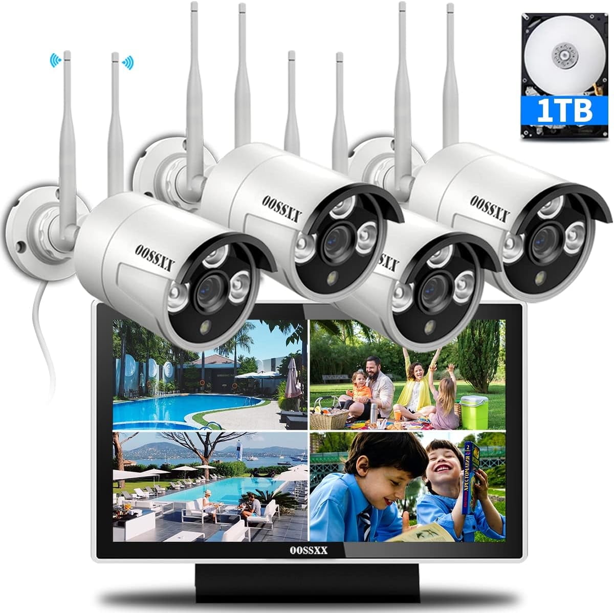 OOSSXX 3.0MP Wireless Outdoor Security Camera System with 10.1" All-in-One Monitor, 100FT Super Night Vision