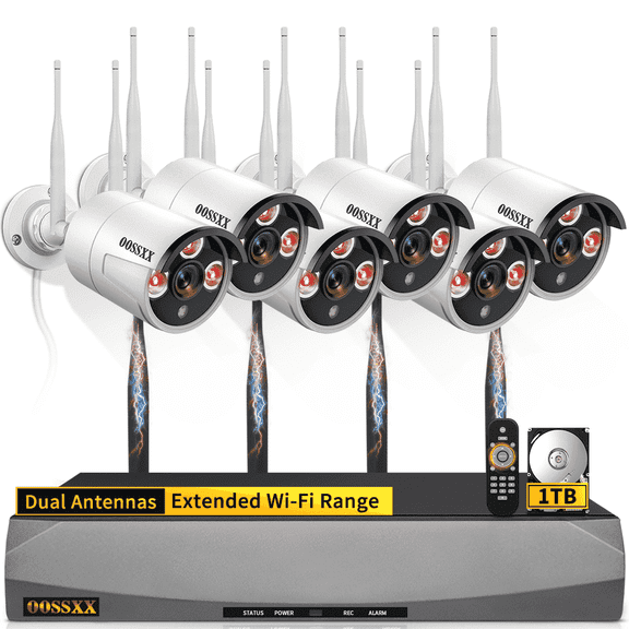 OOSSXX Dual Antennas Wireless Security Camera System, 6 Wireless Cameras for Outdoors with 1TB Hard Drive with AI Human Detected