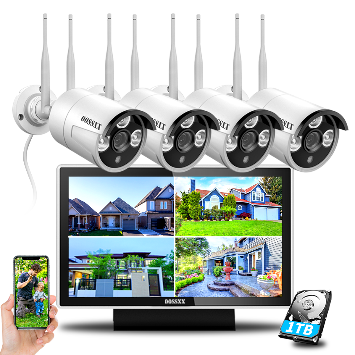 OOSSXX 3MP Security Camera System with Monitor,4PcsOutdoor camera,Security Cameras Wireless Wifi 2-Antennas 1TB