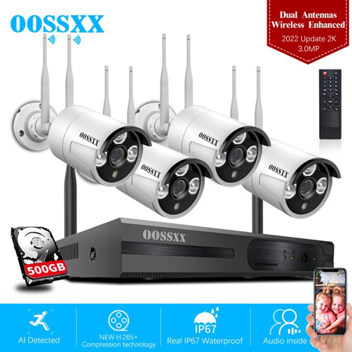 OOSSXX 3mp Home Surveillance Cameras System, 8CH NVR and 4pcs  Indoor/Outdoor Wi-Fi Video Wireless Security Cameras