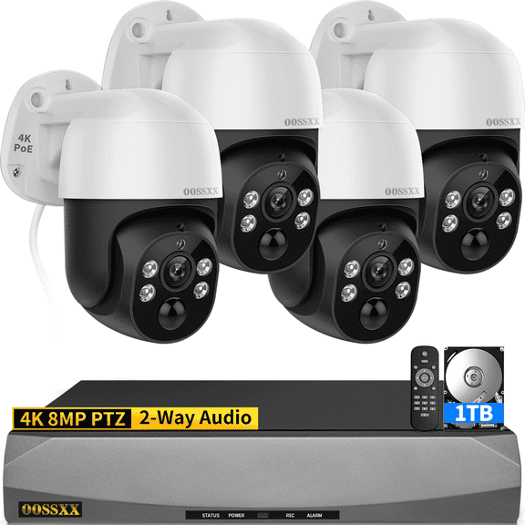 OOSSXX 4K PoE PTZ Security Camera System, Auto Tracking, 4CH 1TB HDD