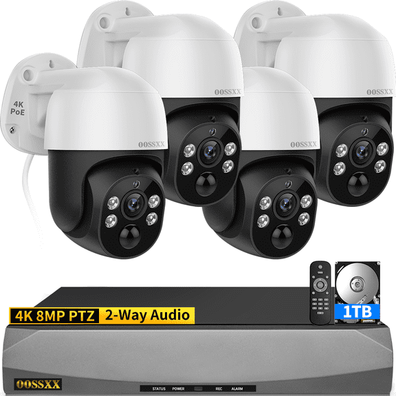 OOSSXX 4K PoE PTZ Security Camera System, Auto Tracking, 4CH 1TB HDD