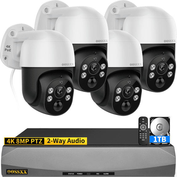 OOSSXX 4K PoE PTZ Security Camera System, Auto Tracking, 4CH 1TB HDD