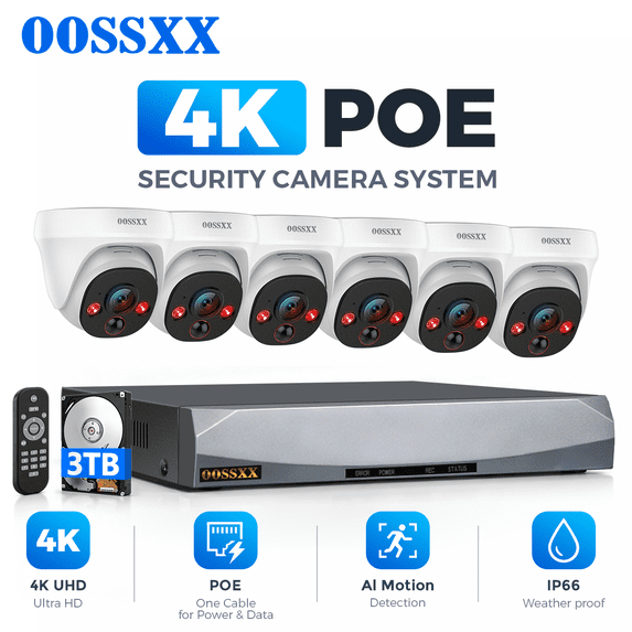 OOSSXX 4K PoE Security Camera System, 6CH Dome, 3TB HDD, Plug & Play
