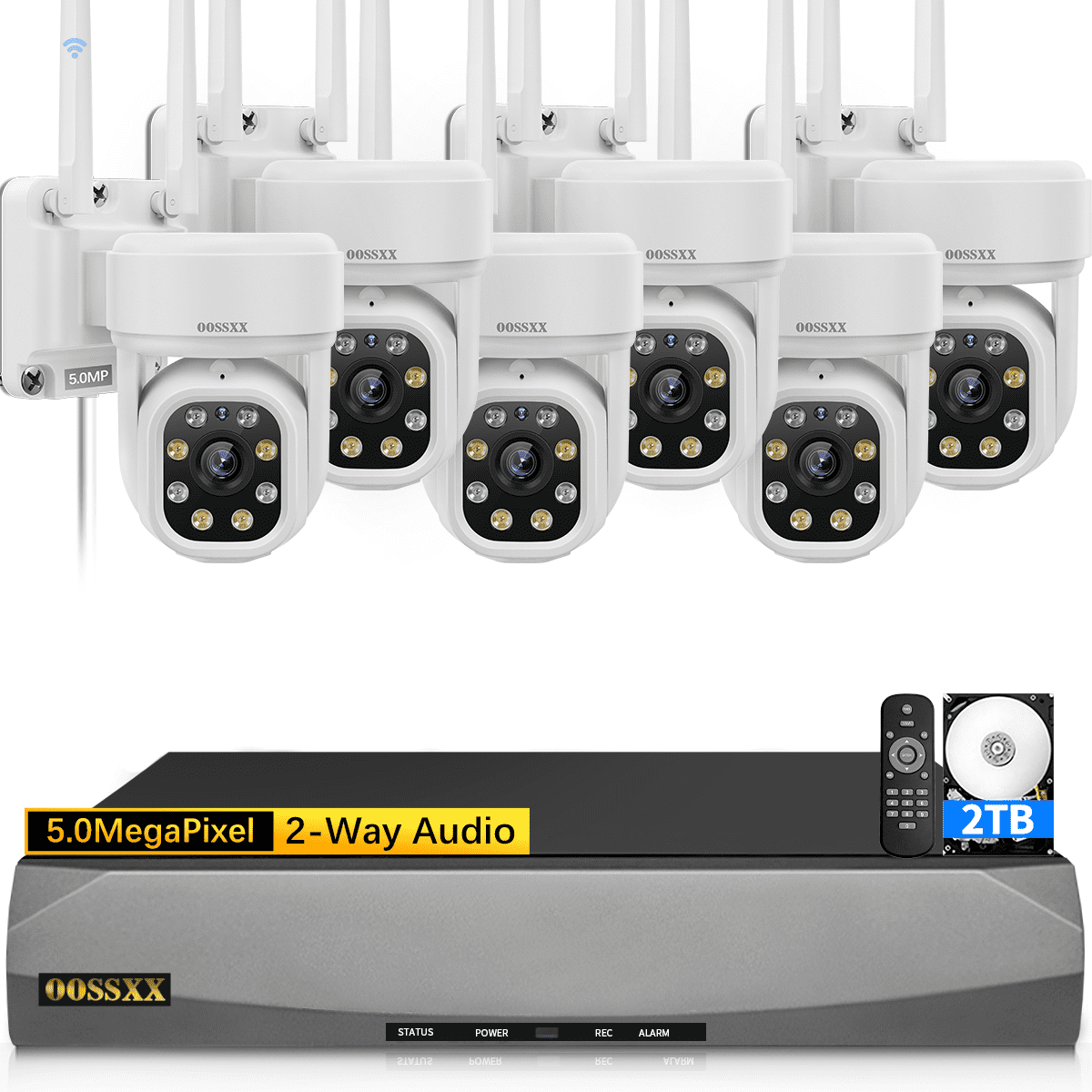 OOSSXX 5MP PTZ Outdoor Wireless Security Camera System with 80ft Night