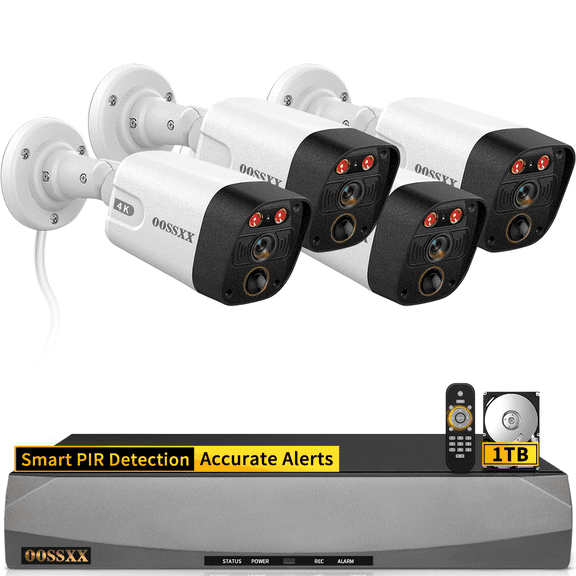 OOSSXX 4K PoE Security Camera System, 4 Cameras 8 Channel NVR System with 1TB HDD