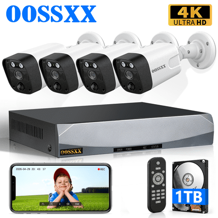 OOSSXX 4K PoE Security Camera System, 4 Cameras 8 Channel NVR System with 1TB HDD