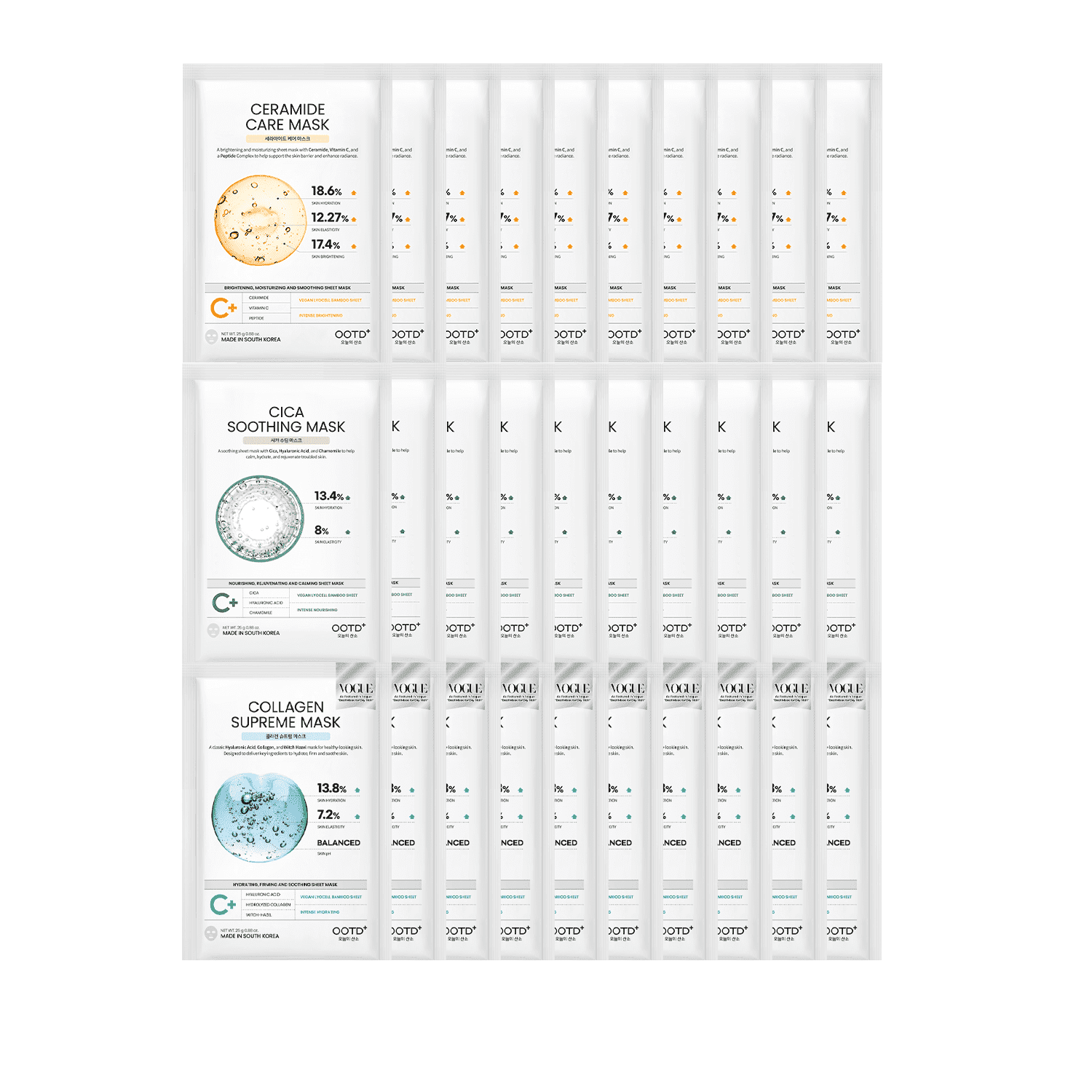 OOTD Beauty Sheet Mask Value Pack with Ceramide, Cica & Collagen, 30 Count