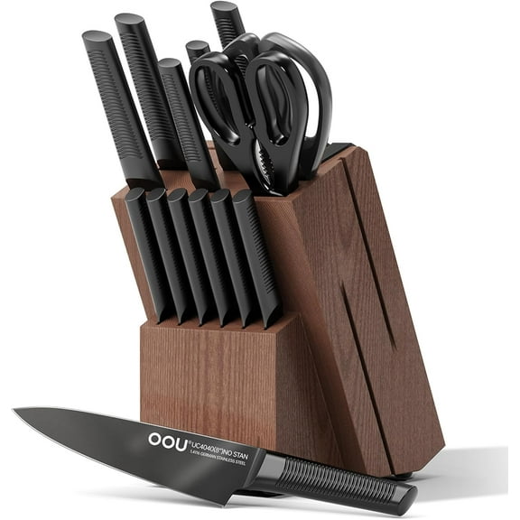 OOU Kitchen Knife Block Set - 15 Pieces High Carbon Stainless Steel Chef Knife Sets, Anti-Rust Black Knives Set with Built-in Sharpener Block, Walnut