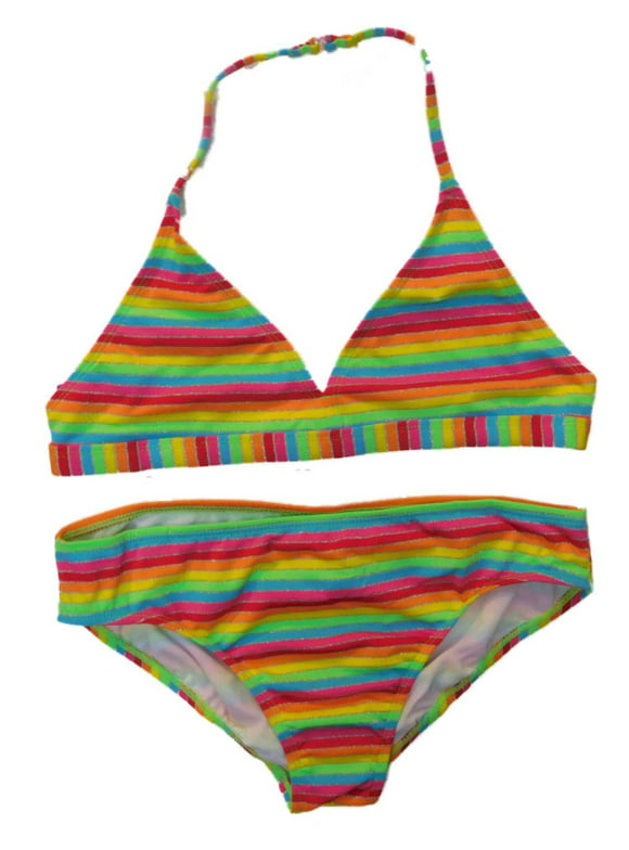 OP Girls 2 PC Multi Neon Stripe Swimming Swim Suit Bikini Bathing Suit X-Large