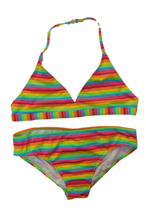OP Girls 2 PC Multi Neon Stripe Swimming Swim Suit Bikini Bathing Suit X-Large