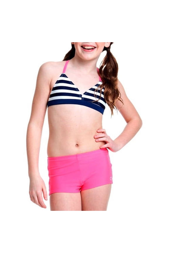 OP Girls Pink & Navy 2 Piece Boy Shorts Bikini Swimsuit Set (X-Small (4/5))