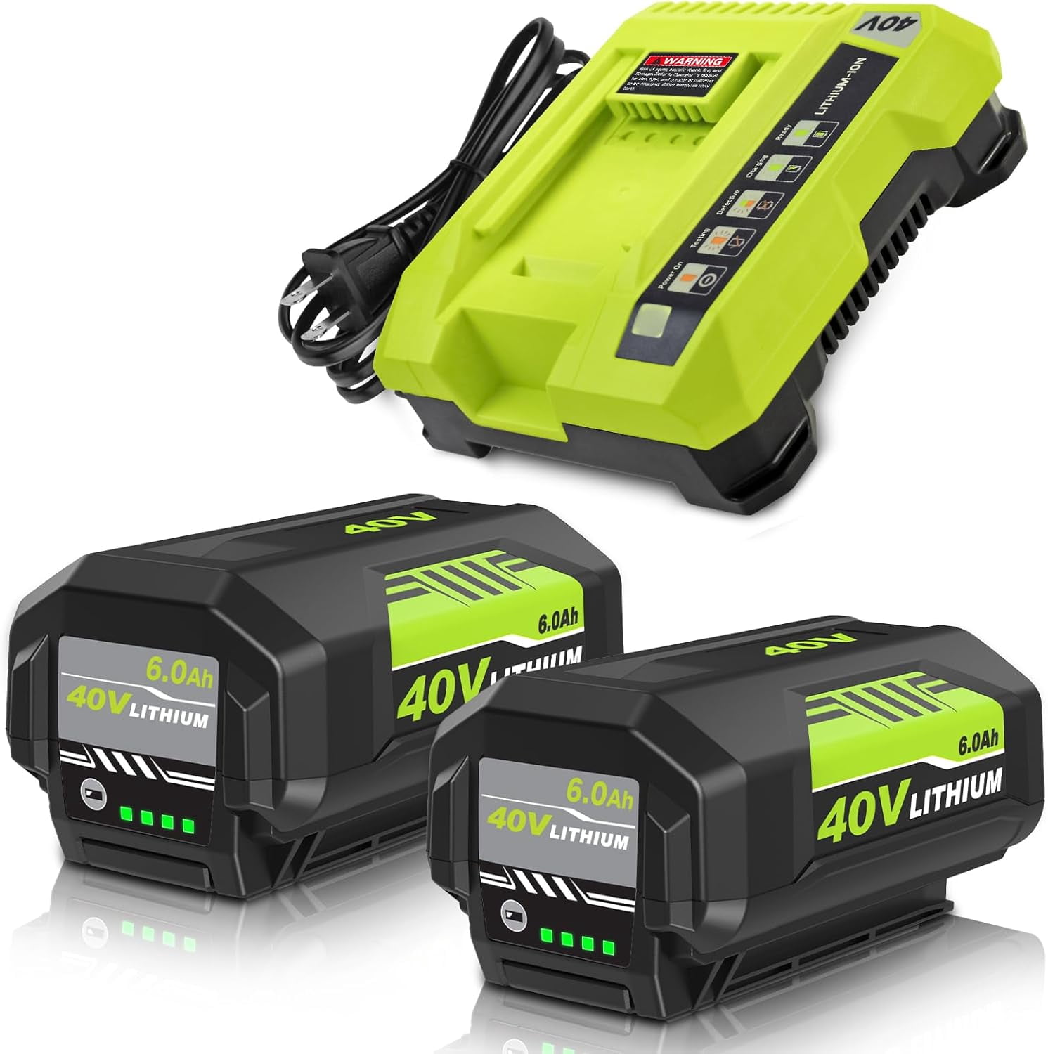 OP4026 6.0Ah Replacement for Ryobi 40V Battery and OP401 Charger, Compatible with Ryobi 40V Lithium Battery OP40401 OP40602 OP4060A1 OP40601 OP4075A OP4050A OP4026A OP40201 OP4040 OP40404 (Green)