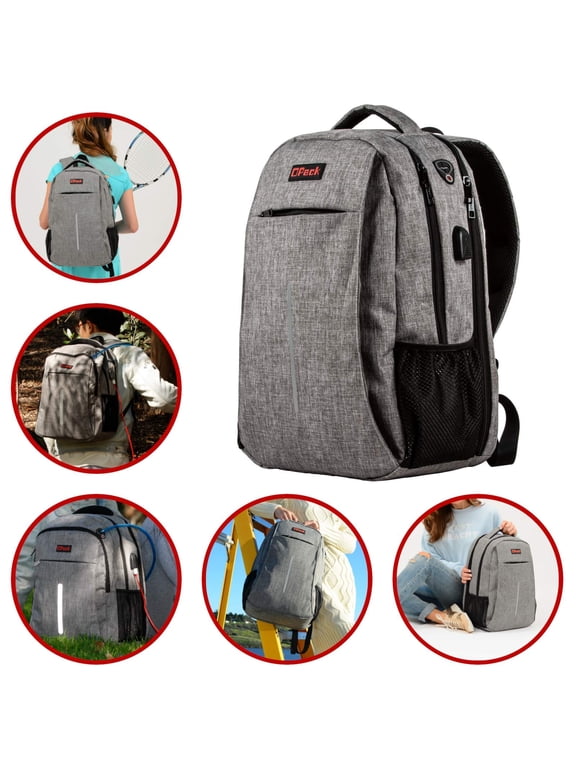 15" Grey RFID-Safe Travel Laptop Backpack TSA-Friendly Unisex with USB Charging Port