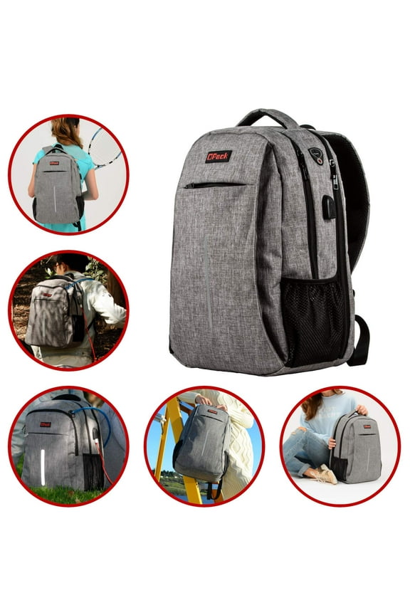 15" Grey RFID-Safe Travel Laptop Backpack TSA-Friendly Unisex with USB Charging Port