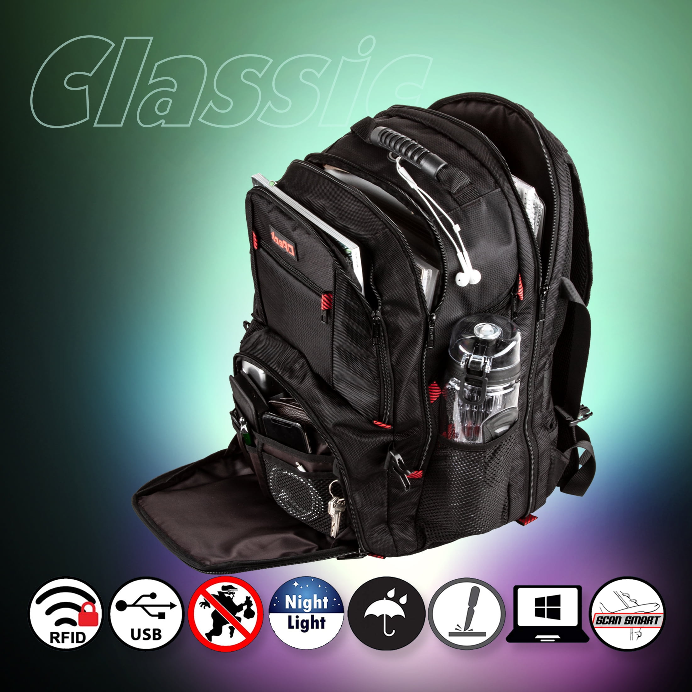 OPACK Extra Large RFIDSafe Travel Backpack with USB Charging Port