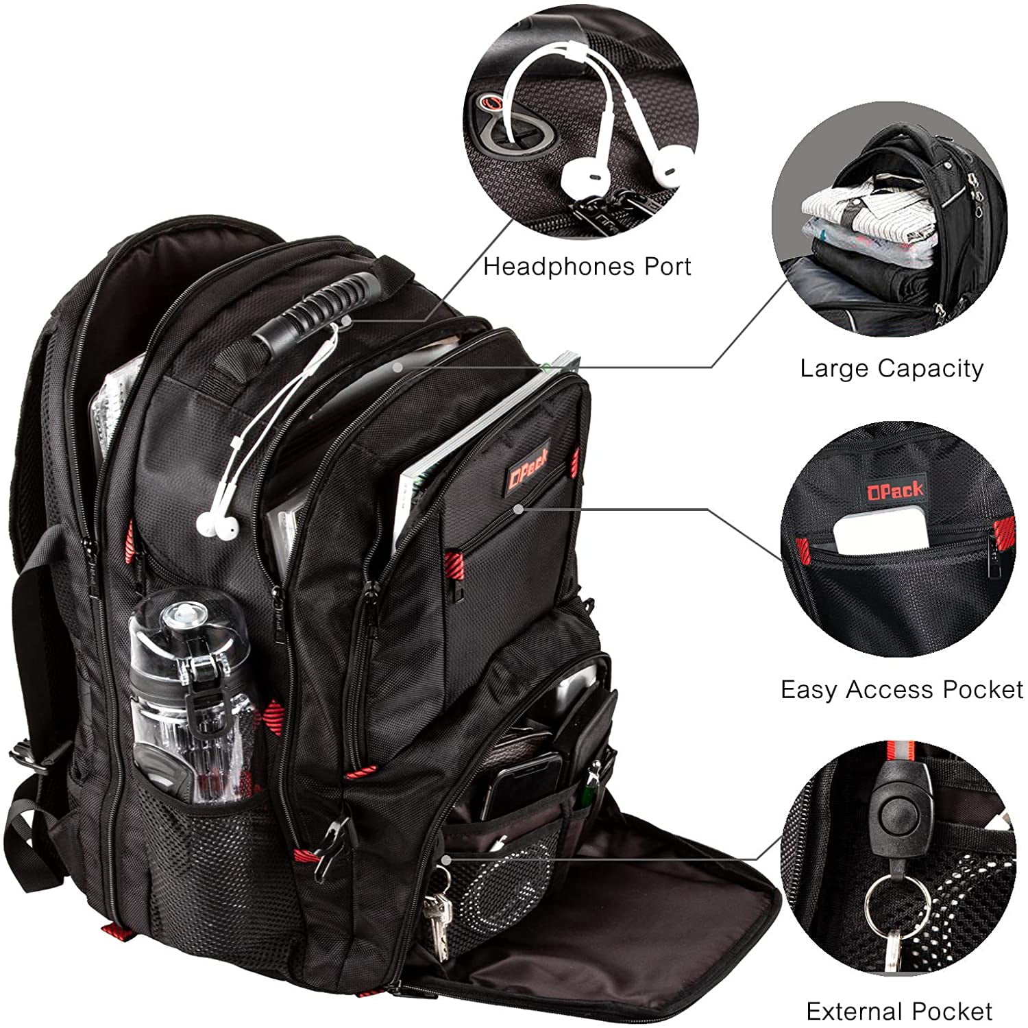 OPACK Extra Large RFID-Safe Travel Black Backpack Unisex TSA Friendly