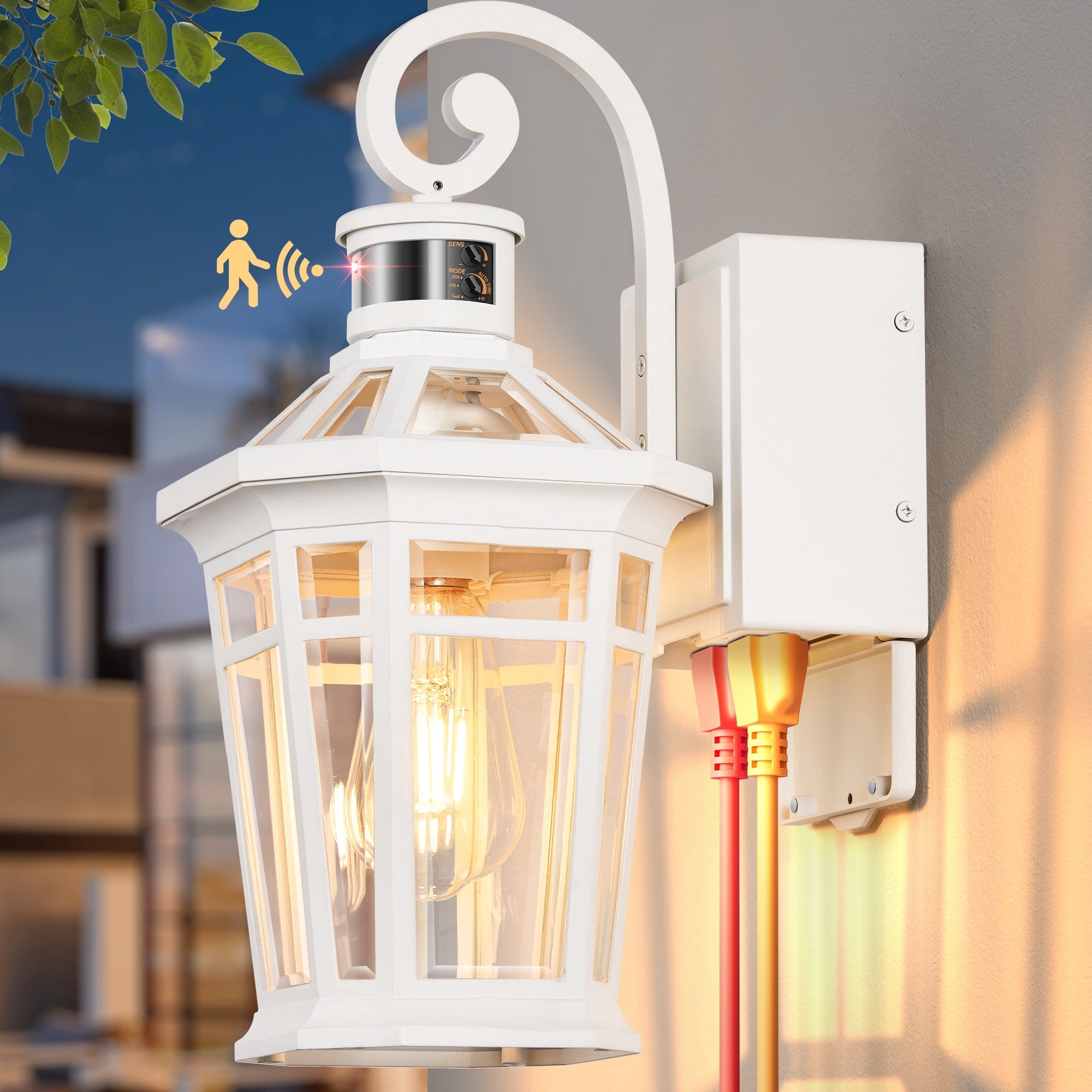 OPAIXS Motion Sensor Porch Light Outdoor with GFCI Outlet, White Exterior Lighting Fixtures with Outlet, Adjust Sensitivity Outdoor Wall Lantern with Beveled Glass, Waterproof, Anti-rustic