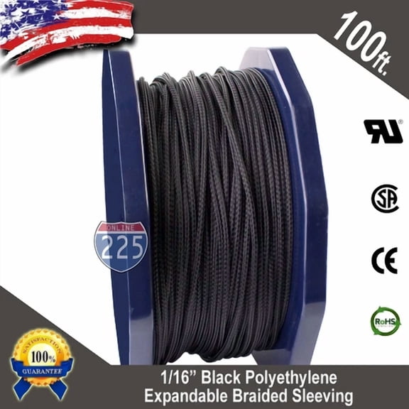 OPAL- 100 Ft. 1/16" Black Expandable Wire Cable Sleeving Sheathing Braided Loom Tubing