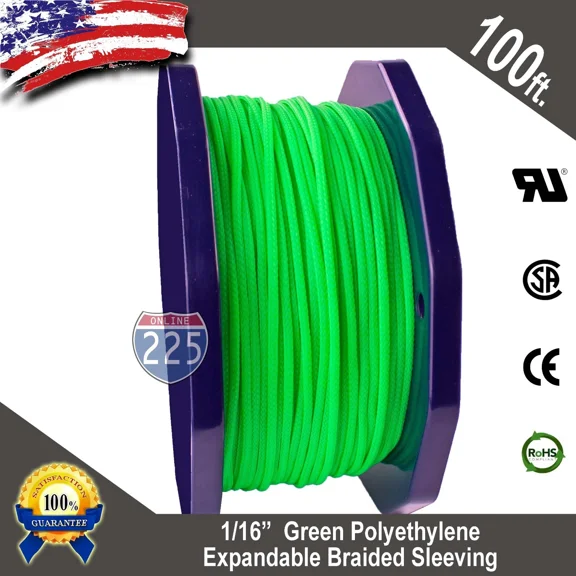 OPAL- 100 Ft. 1/16" Green Expandable Wire Cable Sleeving Sheathing Braided Loom Tubing