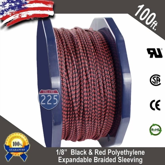 OPAL- 100 Ft 1/8" Black Red Expandable Wire Sleeving Sheathing Braided Loom Tubing Us