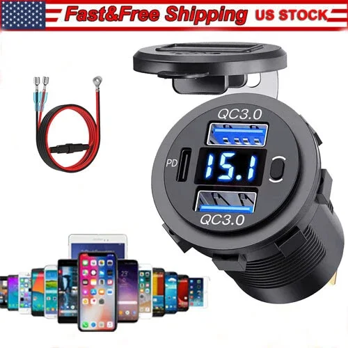 OPAL- 12V-24V Pd + Qc3.0 Dual Usb Car Fast Charger Power Socket Outlet Led Voltmeter