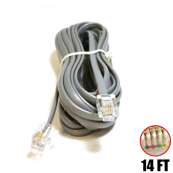 OPAL- 14Ft Rj-11 6P4C Telephone Phone Line Cable Cord Reverse For Voice Flat Silver
