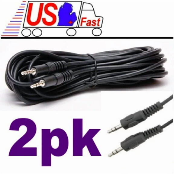 OPAL- 2 Pcs 20 Feet 3.5Mm Nickel Plated Male To Male Aux Stereo Audio Cable 1/8" Black