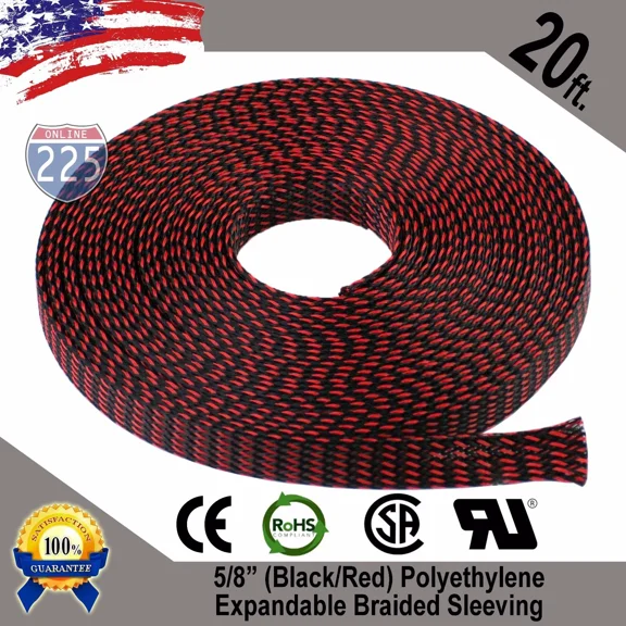 OPAL- 20 Ft. 5/8" Black Red Expandable Wire Sleeving Sheathing Braided Loom Tubing Us