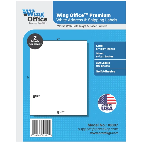 OPAL- 200 Wing Office Shipping Postage Self Adhesive Labels/ 2 Labels Per Page 8.5X5.5