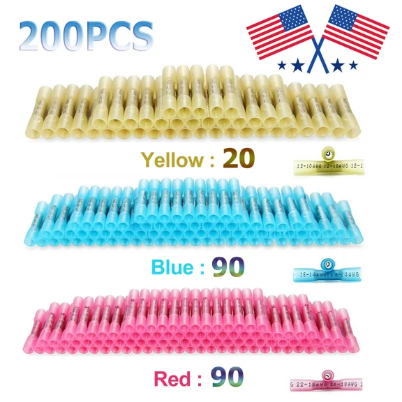 OPAL- 200Pcs Butt Wire Splice Connectors Heat Shrink Seal Crimp Terminals Waterproof